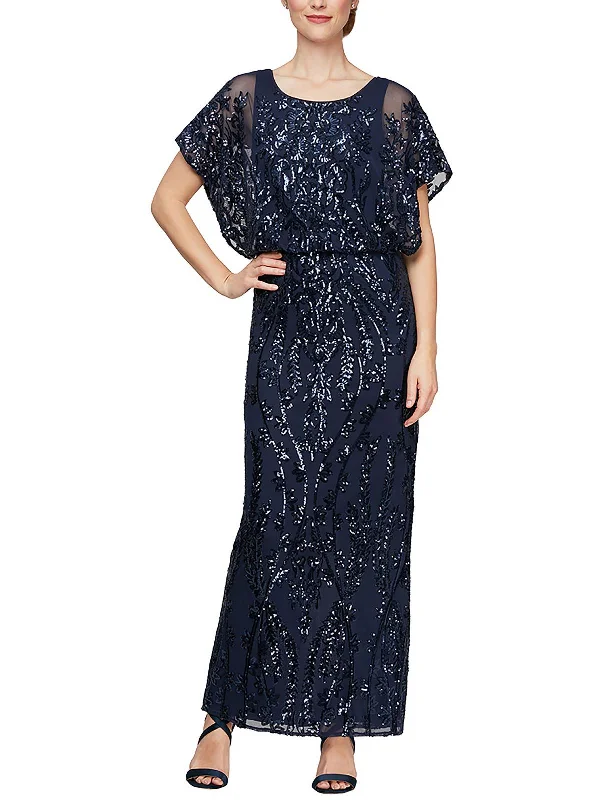 Womens Sequined Flutter Sleeve Evening Dress