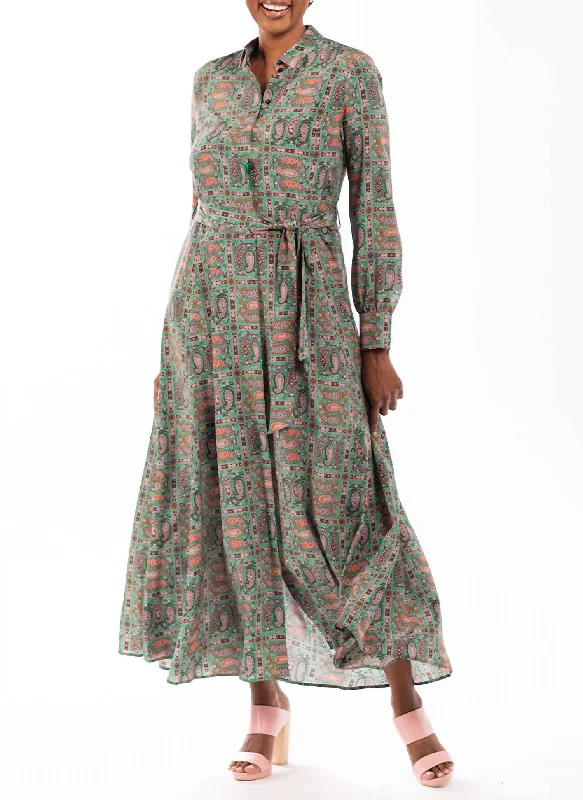 Violetta Paisley Long Sleeve Dress In Green