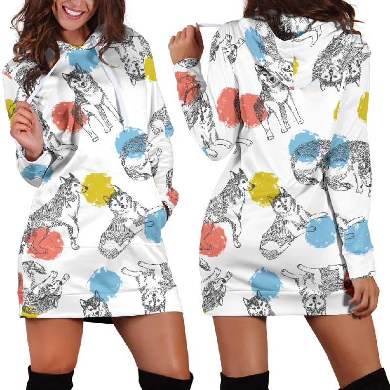 Siberian Husky And Colorful Circle Pattern Women'S Hoodie Dress