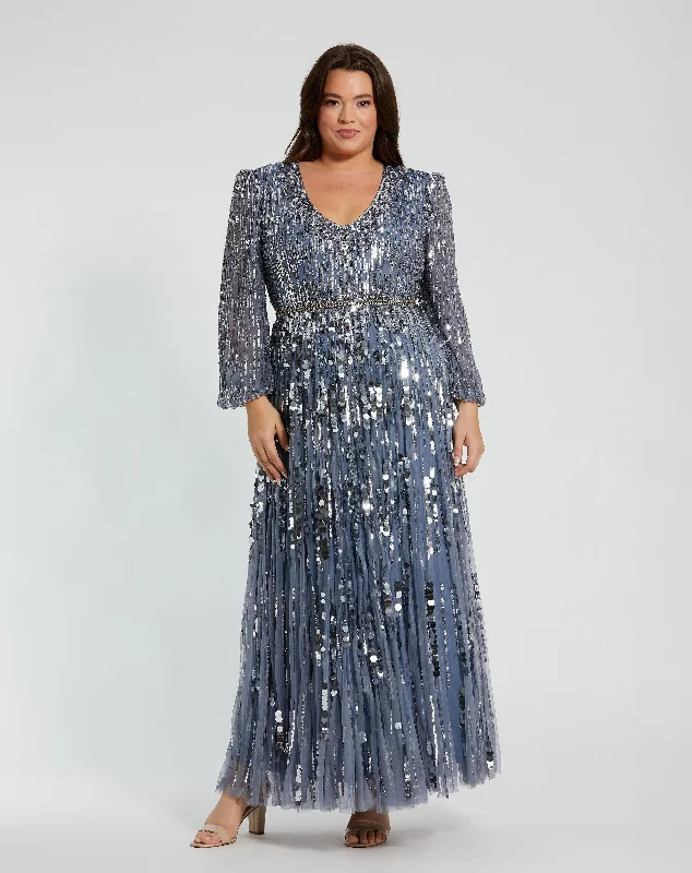 Long Sleeve Beaded Crystal V Neck Gown