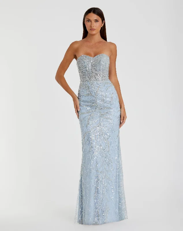 Blue Strapless Embellished Trumpet Gown