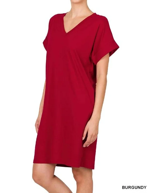 Blake V-Neck T-Shirt Dress In Dark Burgundy