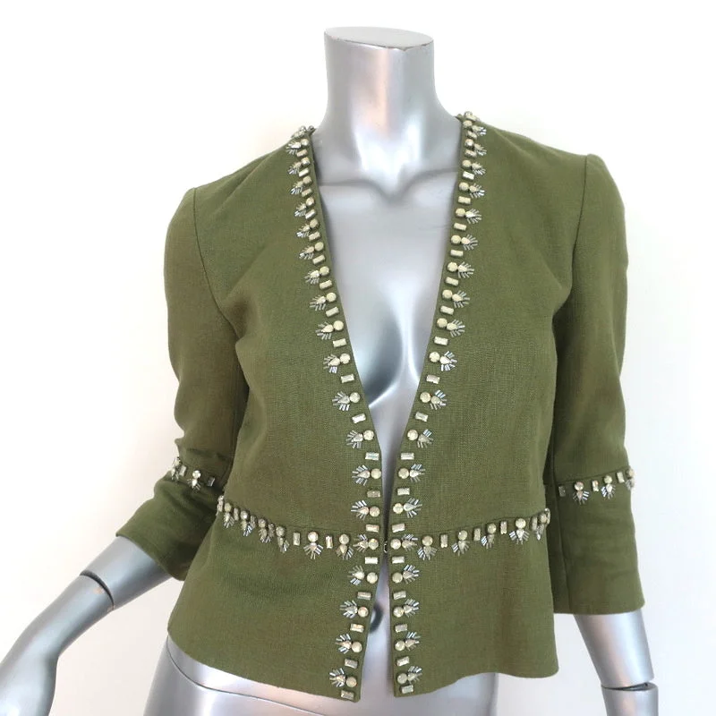 Tory Burch Crystal-Trim Jacket Avery Green Linen-Blend Size 0