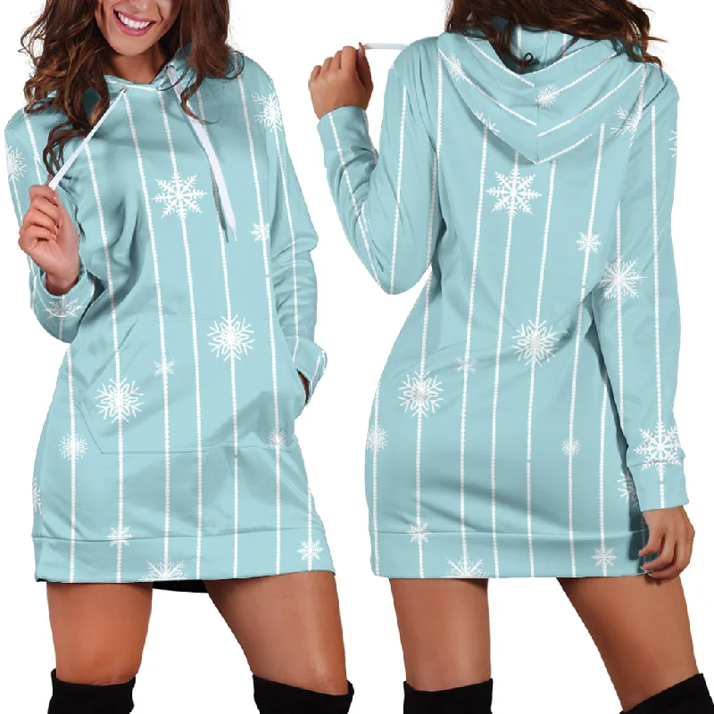 Snowflake Pattern Blue Stripe Background Women'S Hoodie Dress