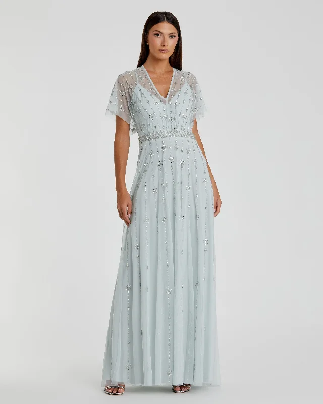 Light Blue V Neck Embellished Flutter Sleeve A Line Gown