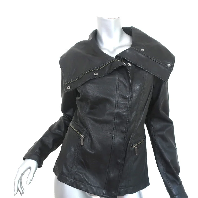 Vince Funnel Neck Leather Moto Jacket Black Size Medium NEW