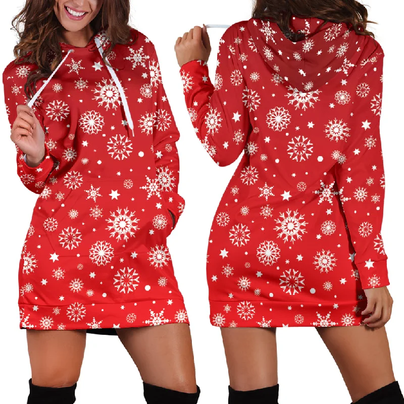 Snowflake Pattern Red Background Women'S Hoodie Dress