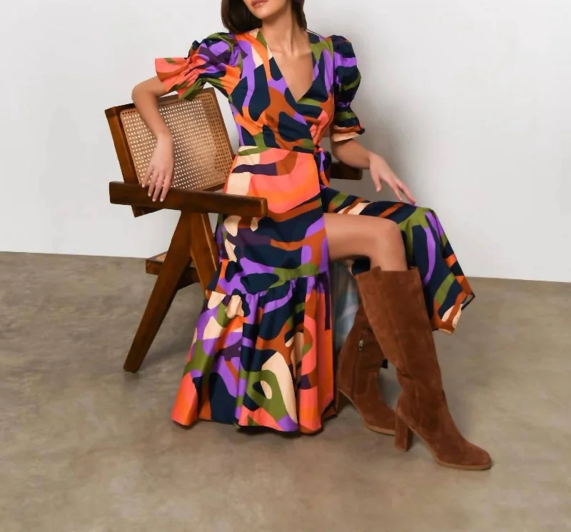 Corina Wrap Dress In Multi Peach Squiggle