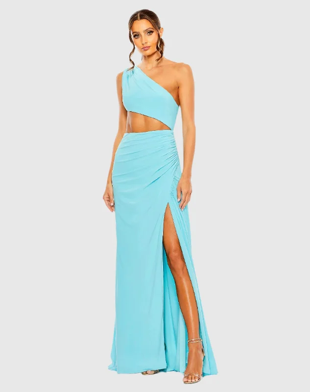 Blue Cut Out One Shoulder Ruched Back Gown