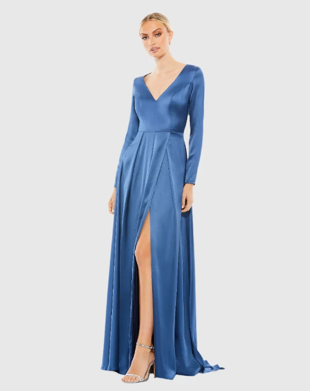 Blue Satin V Neck Long Sleeve Pleated Gown - FINAL SALE