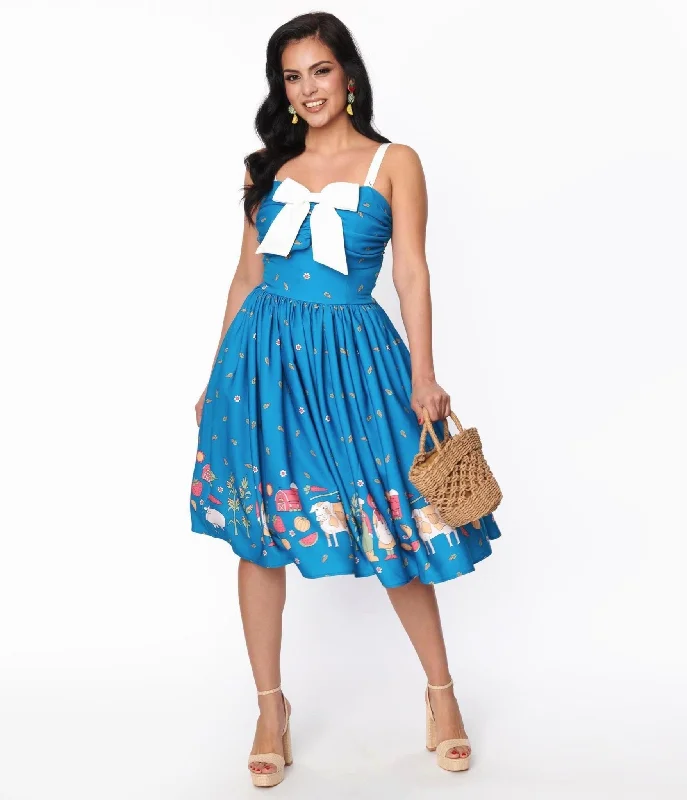 Unique Vintage Blue & White Farm Border Golightly Swing Dress