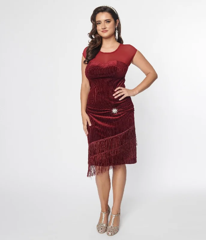 Unique Vintage Burgundy Velvet Fringe Flapper Dress