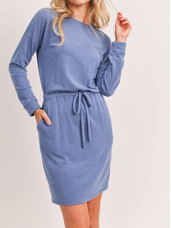 Round Neck Long Sleeve Dress In Denim Blue