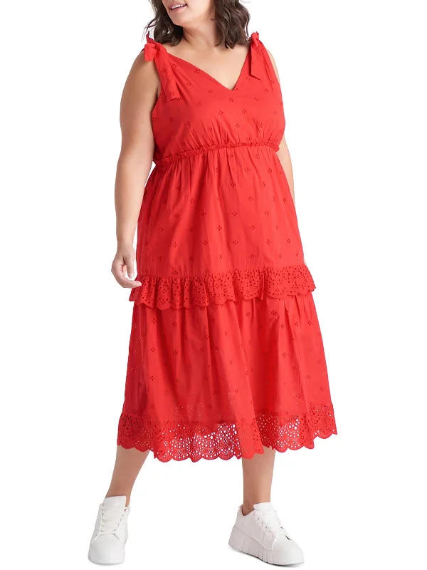 Plus Womens Cotton Eyelet Midi Dress