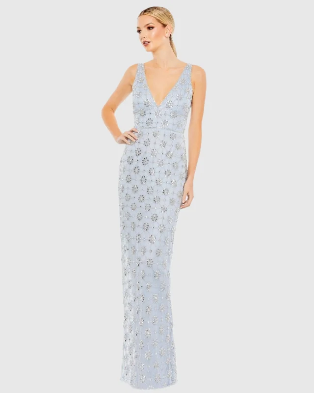 Embellished Mesh V Neck Sleeveless Gown