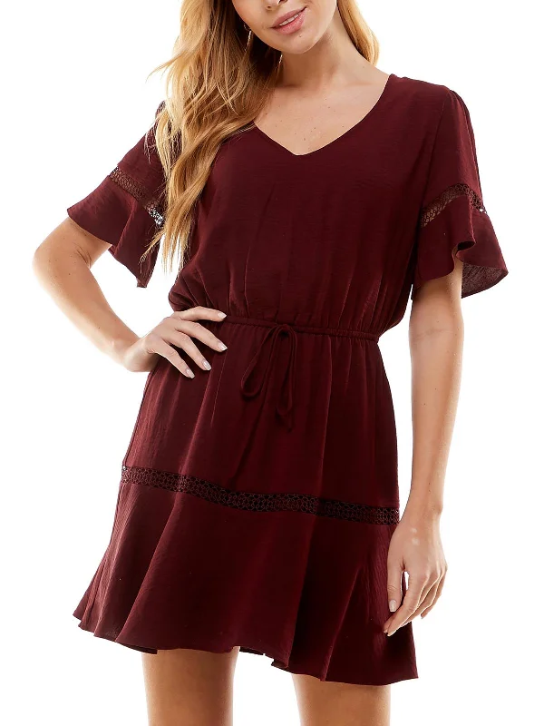 Juniors Womens Drawstring Waist V Neck Fit & Flare Dress