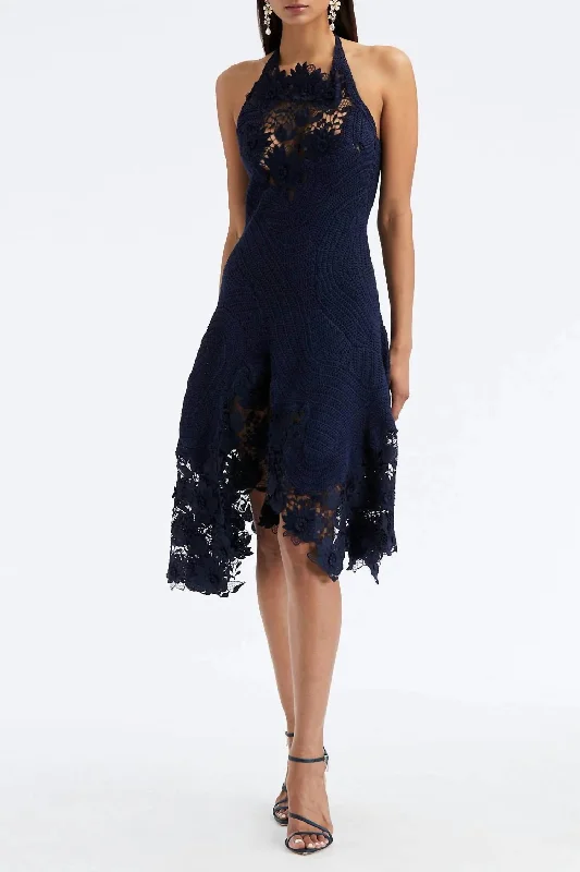 Hand Crochet Halter Neck Lace Dress In Navy