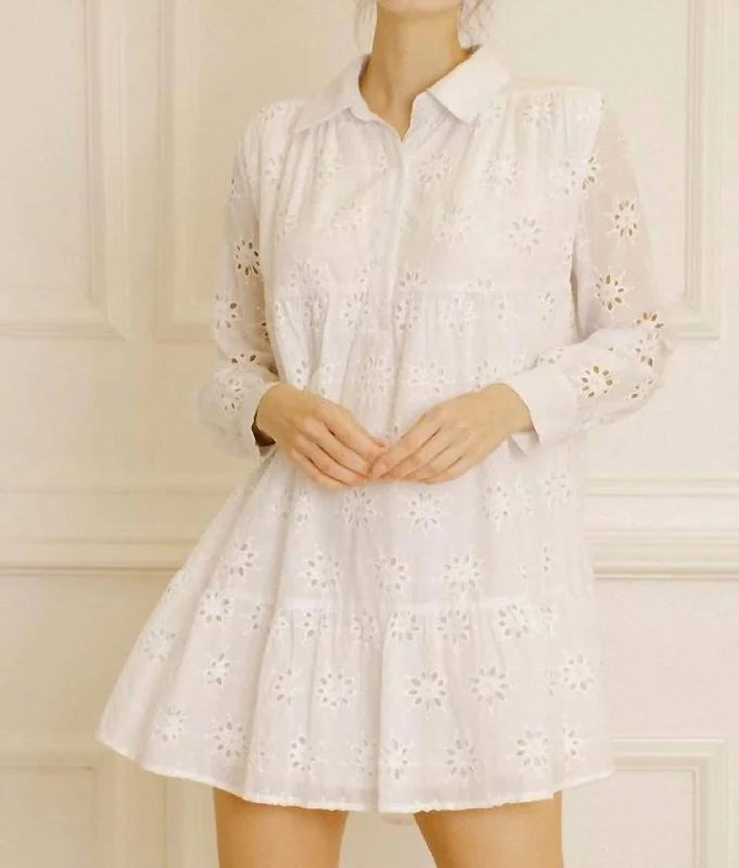 Monochromatic Flower Ruffle Eyelet Dress In Cream