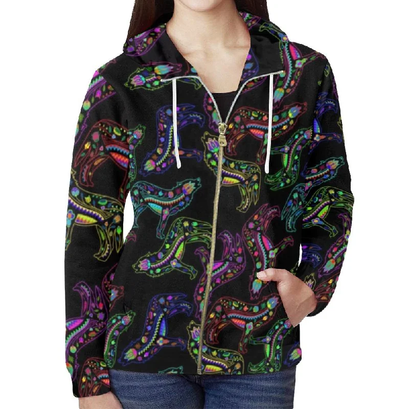 Neon Floral Wolves Full Zip Hoodie for Women