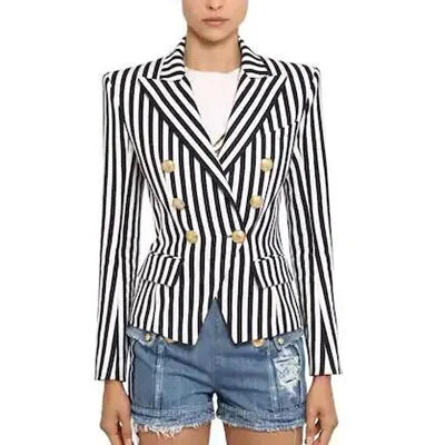 2022 England Ladies fashion golden lion buttons black white stripe jacket office Blazer For Women business formal work clothes