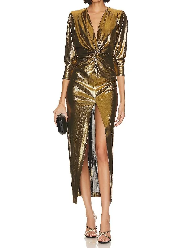 Sharp Shoulder Twist Dress In Gold