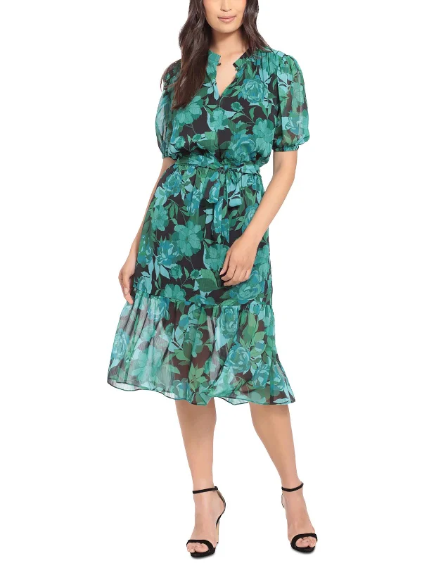 Petites Womens Chiffon Floral Midi Dress