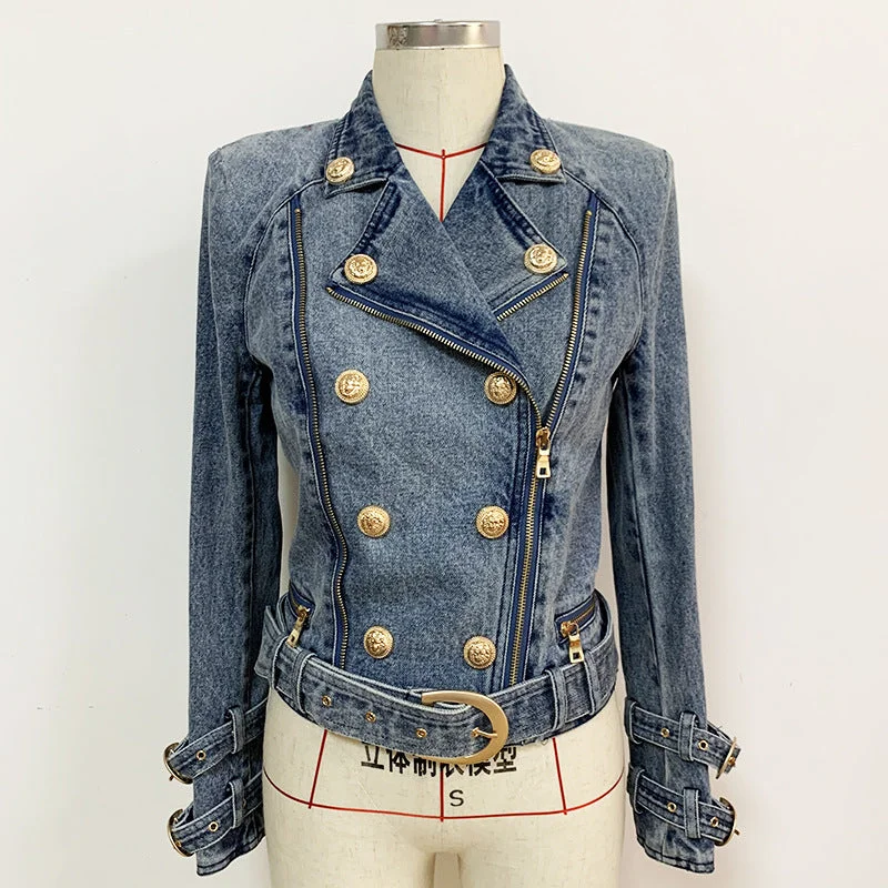 European And American New Spring 2022 Women's Slim-fitting Jacket Double-breasted Zipper Oblique Denim Motorcycle Jacket