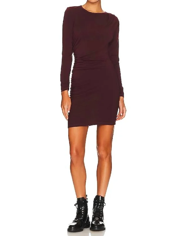 Ruched Long Sleeve Mini Dress In Mahogany