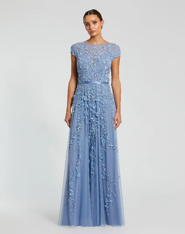 Blue Floral Embellished Short Sleeve Mesh Gown