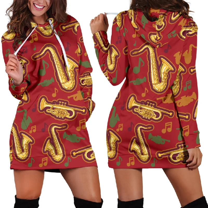 Saxophone Cornet Pattern Red Background Women'S Hoodie Dress