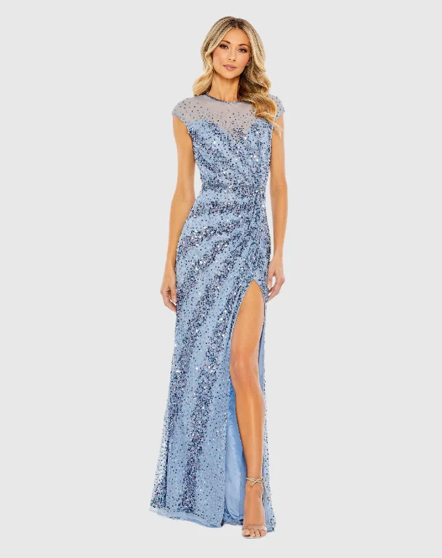 Blue Embellished Illusion High Neck Cap Sleeve Gown