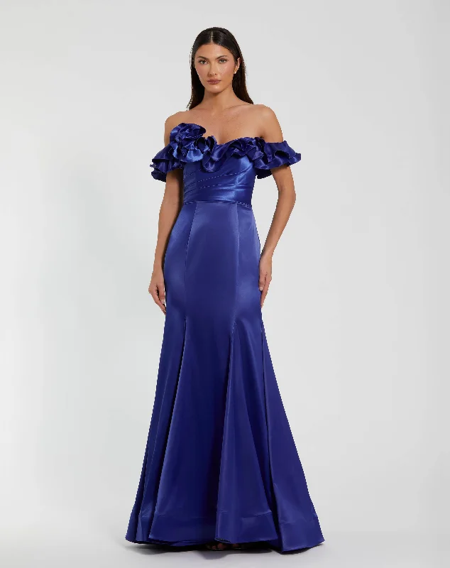 Blue Satin Ruffle Off the Shoulder Mermaid Gown