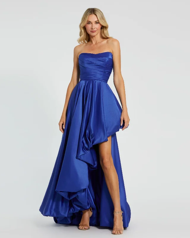 Blue Strapless Ruched High Low Gown