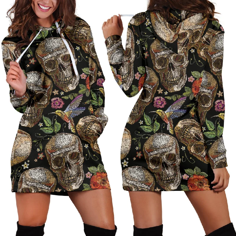 Skull Rose Humming Bird Flower Pattern Women'S Hoodie Dress