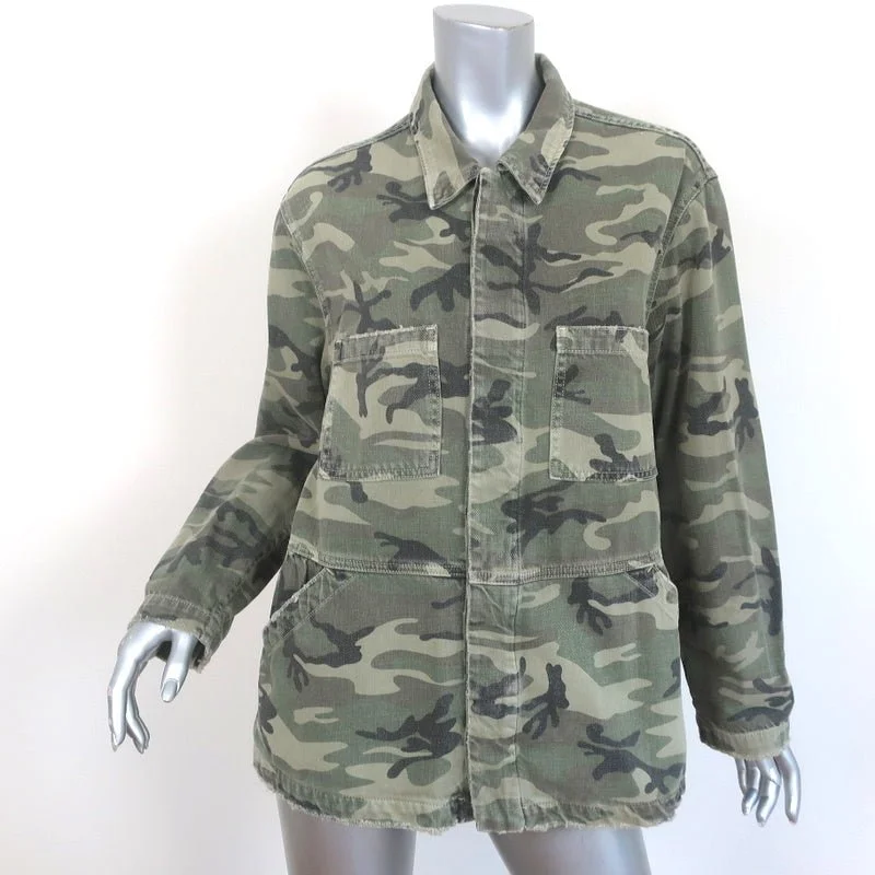 AMO Rosie Peplum Jacket Green Camo Print Denim Size Small