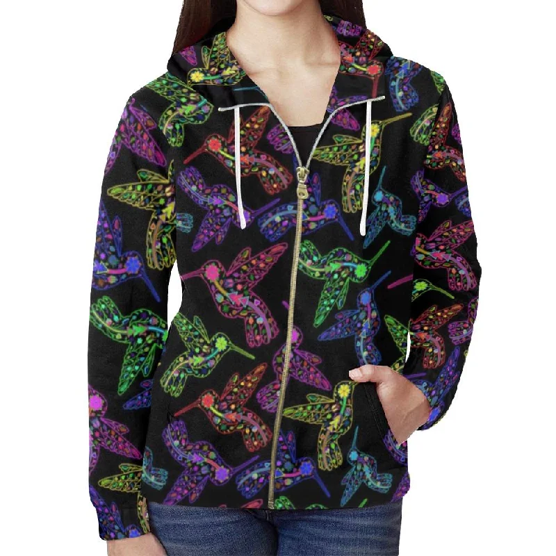 Neon Floral Hummingbirds Full Zip Hoodie for Women