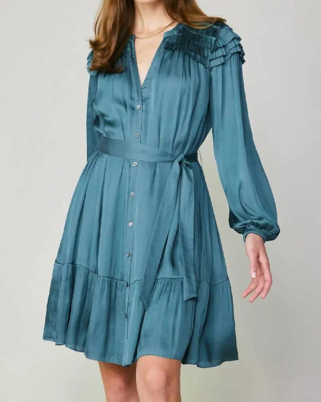 Long Sleeve Split Neck Button Down Dress In Deep Cyan