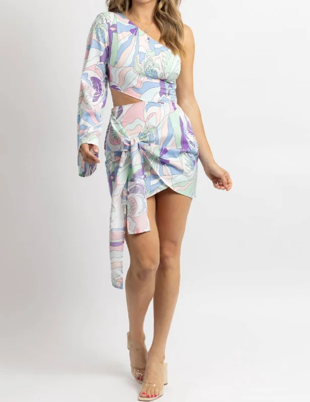 One Sleeved Side-Tie Mini Dress In Pastel Print