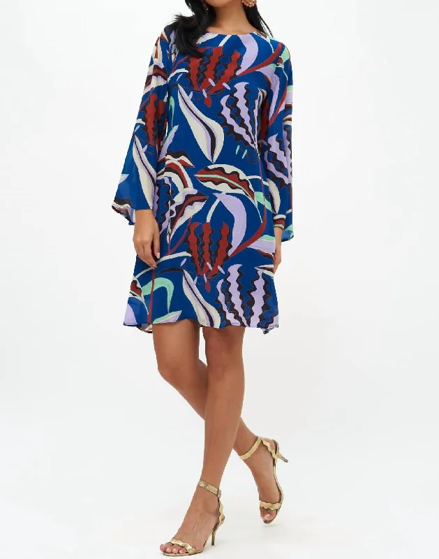 Long Sleeve Mini Shift Dress In Fergana Blue