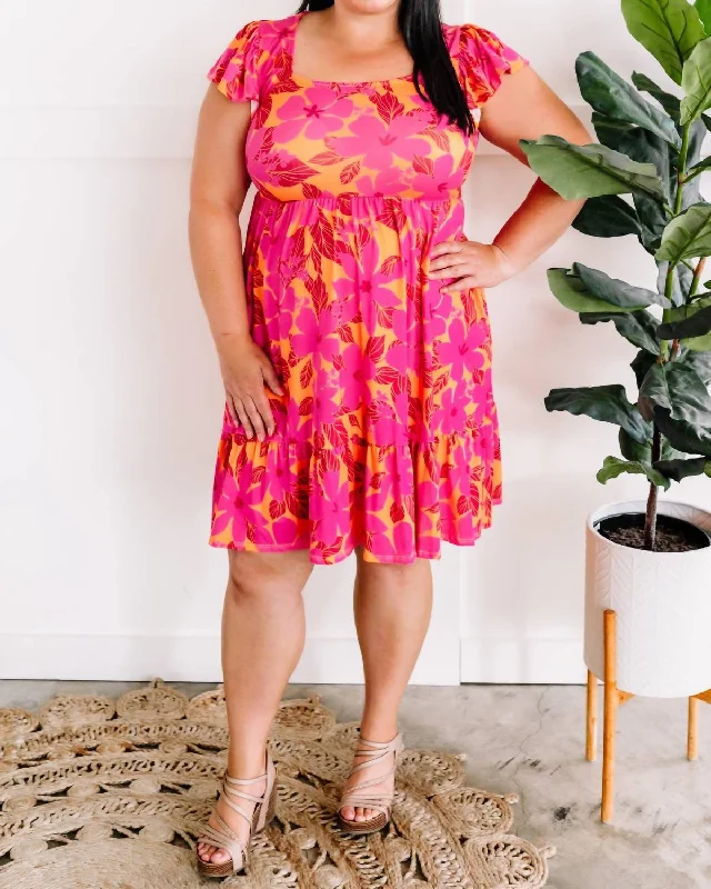 Square Neck Tiered Dress With Pockets In Tropical Sunset