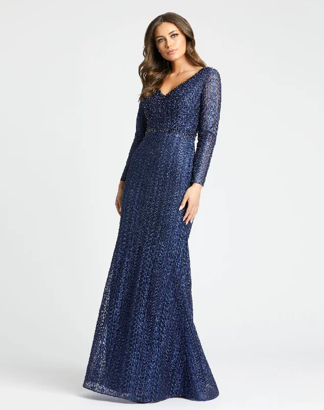 Blue Embroidered Long Sleeve V Neck Trumpet Gown