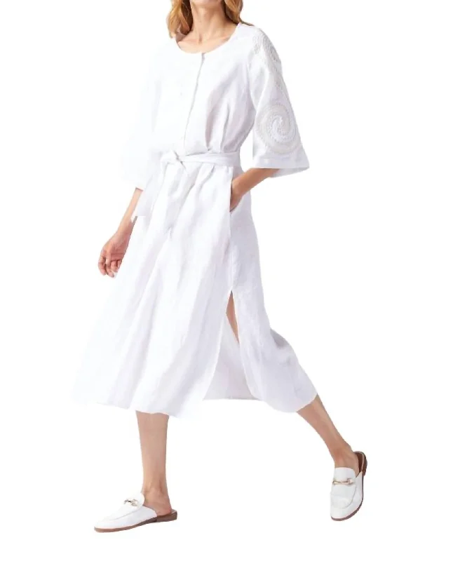 Linen Dress With Sleeve Details In White