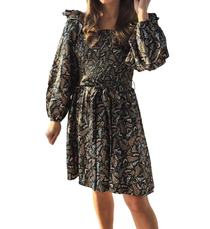 Autumn Floral Mini Dress In Brown/black