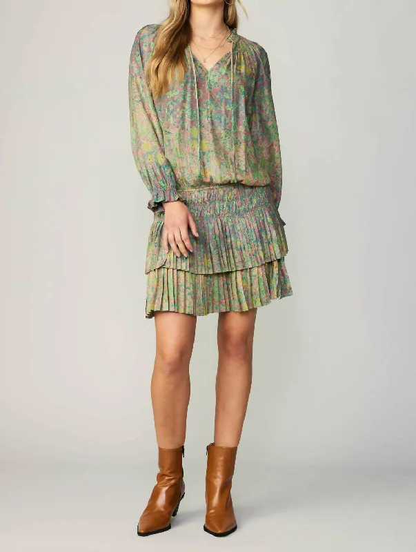 Pleated Long Sleeve Mini Dress In Green Floral