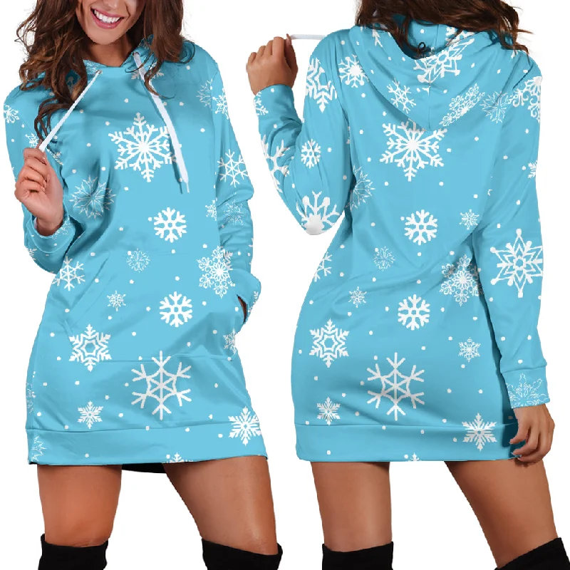 Snowflake Pattern Blue Background Women'S Hoodie Dress