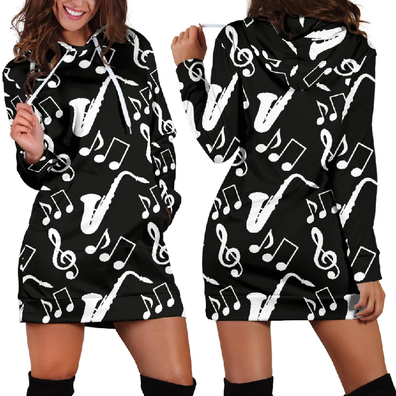 Saxophone Music Notes Treble Clef Black White Theme Women'S Hoodie Dress