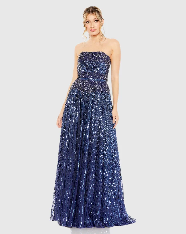 Navy Strapless Hand Embellished Beaded A Line Gown