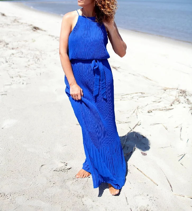 Maddy Woven Maxi Dress With Waist Sash In Royal Blue