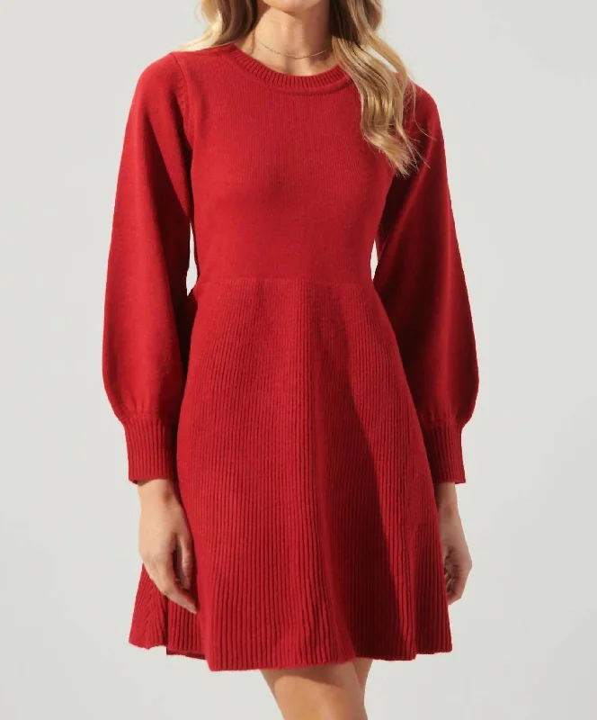 Balloon Sleeve Sweater Dress In Red