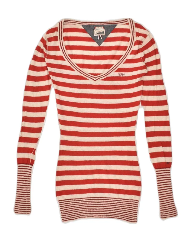 TOMMY HILFIGER Womens V-Neck Jumper Sweater UK 4 XS Red Striped Viscose